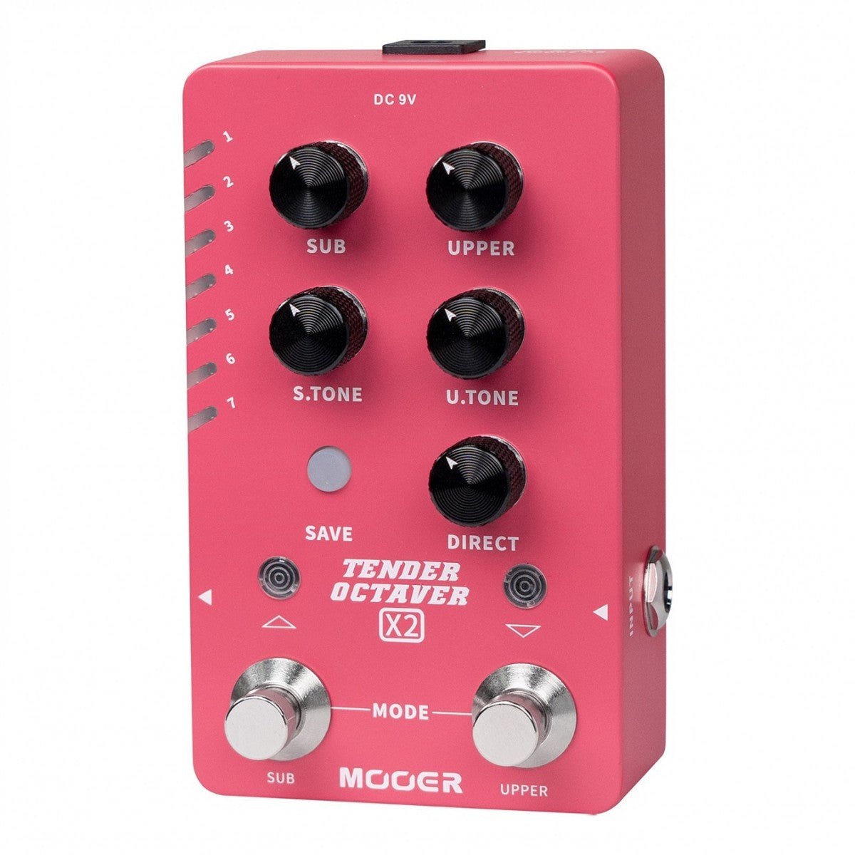 Phơ Octave Mooer Tender Octaver X2 – góc nghiêng nhẹ, 2 footswitch SUB/UPPER và nút SAVE