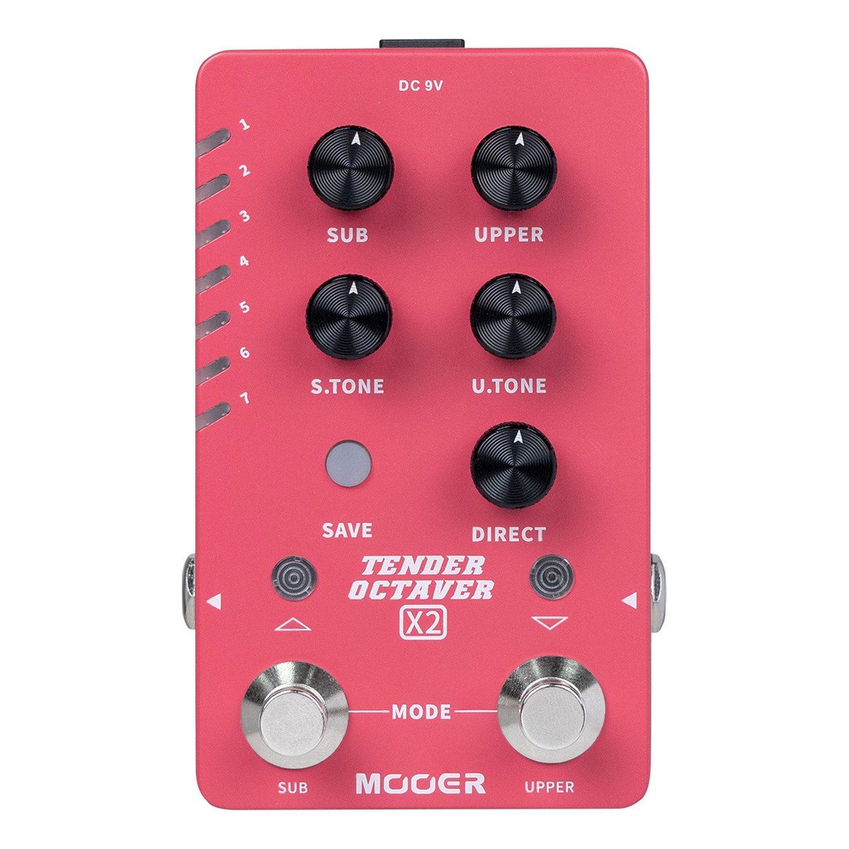 chính diện mặt trên Mooer Tender Octaver X2: núm SUB, UPPER, S.TONE, U.TONE, DIRECT, nút SAVE và 2 footswitch