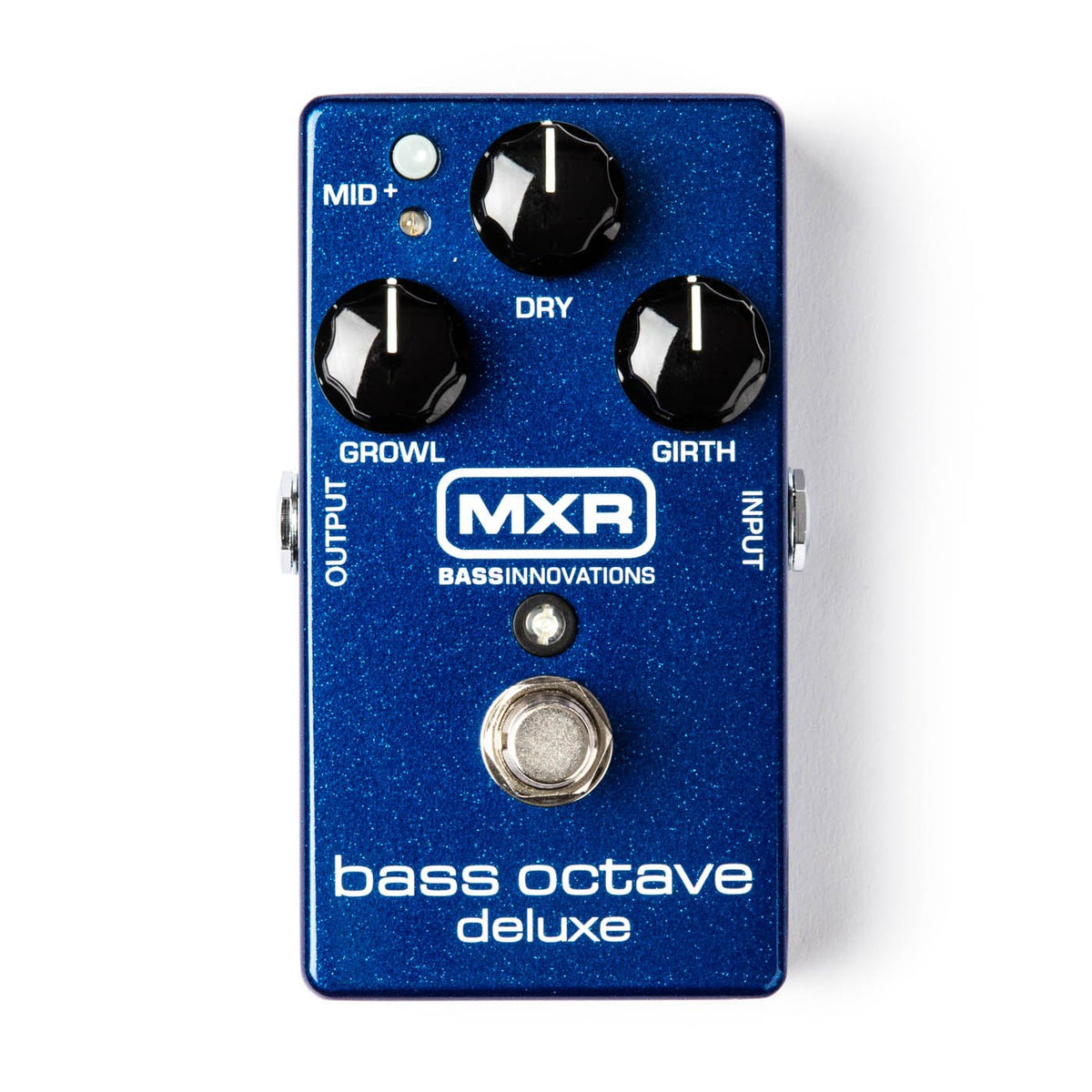Phơ Octave MXR M288 Bass Octave Deluxe – mặt trên nhìn thẳng vỏ xanh nhũ, chữ bass octave deluxe và logo BASS INNOVATIONS