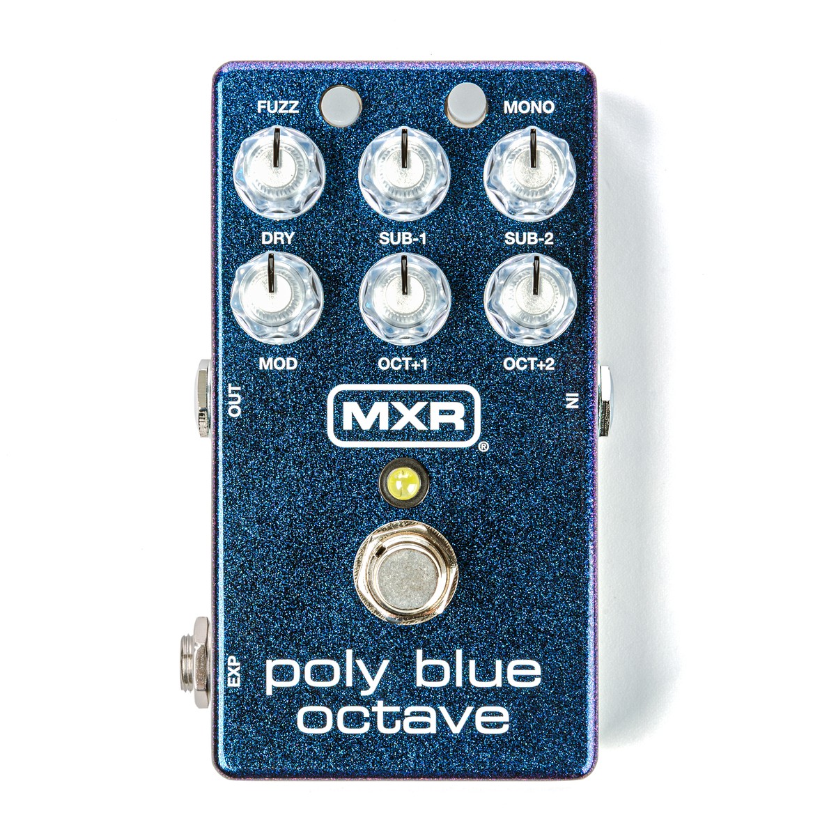 chính diện mặt trên MXR M306 Poly Blue Octave vỏ xanh tím ánh kim, 7 núm trong suốt FUZZ, DRY, SUB-1, SUB-2, MOD, OCT+1, OCT+2 và nút MONO