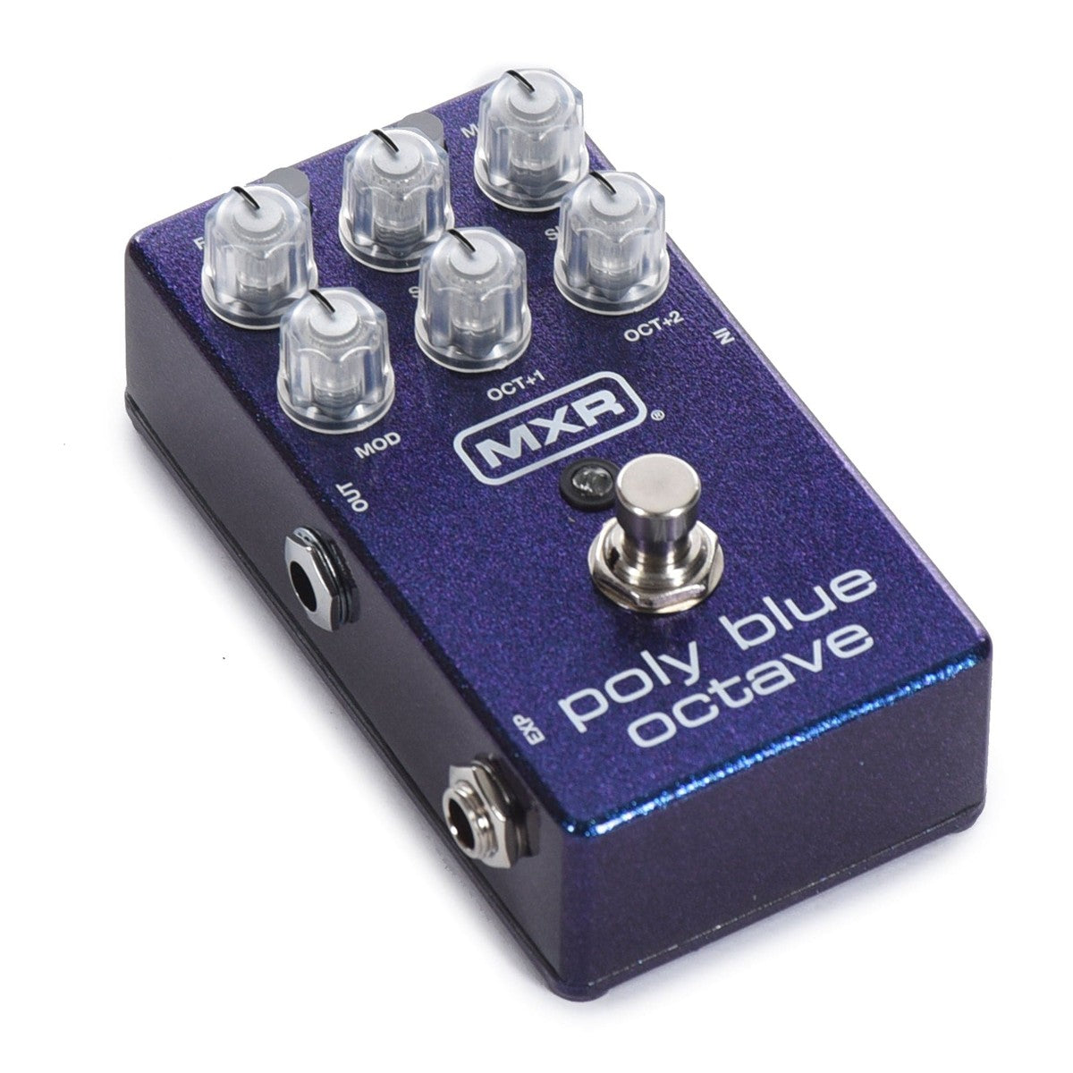 MXR M306 Poly Blue Octave nhìn nghiêng từ phía jack OUTPUT và jack EXP