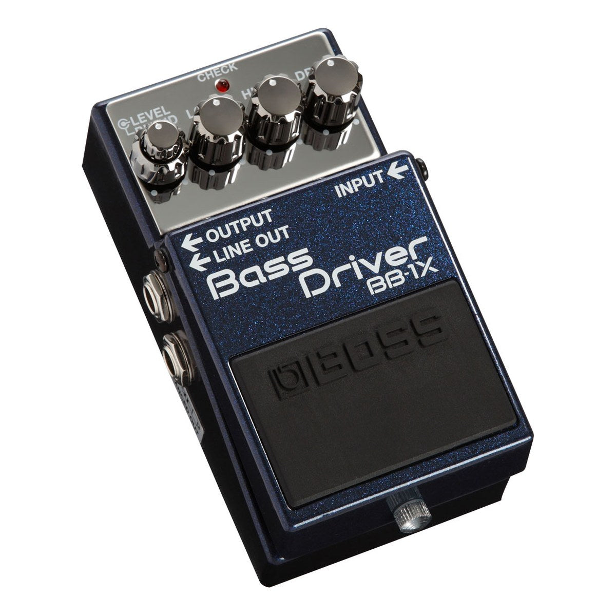 Phơ Overdrive Bass BOSS BB-1X Bass Driver – Boss BB-1X Bass Driver nhìn nghiêng, vỏ xanh ánh kim