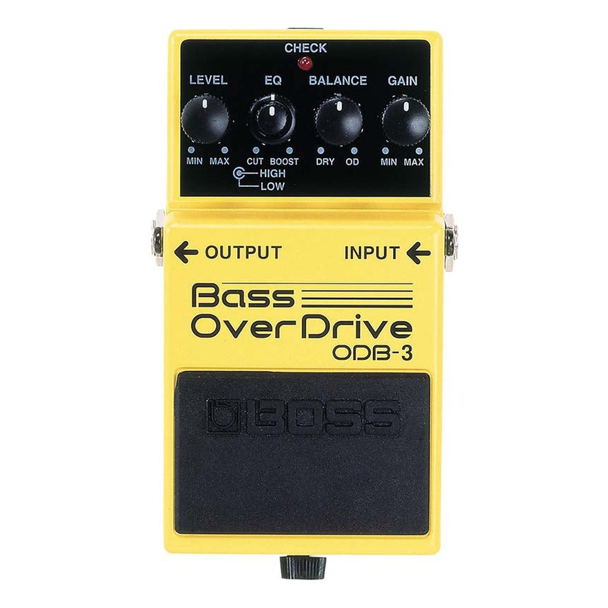Phơ Overdrive Bass BOSS ODB-3 Bass OverDrive – mặt trên Boss ODB-3 với núm LEVEL, EQ, BALANCE, GAIN