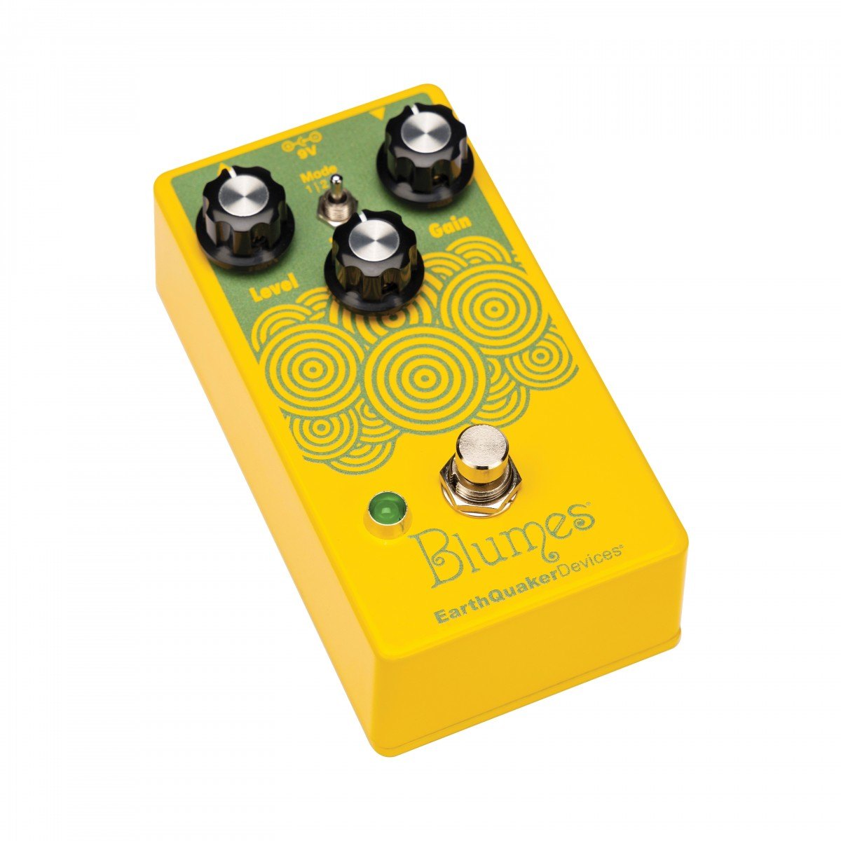 Phơ Overdrive Bass EarthQuaker Devices Blumes Low Signal Shredder – góc nghiêng 3/4 vỏ vàng với hoạ tiết vòng tròn xanh lá