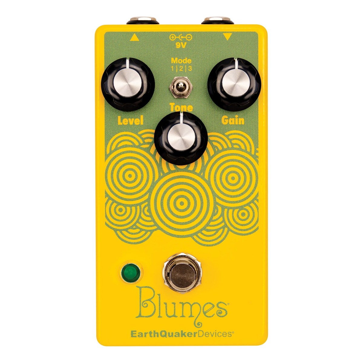 EarthQuaker Devices Blumes nhìn chính diện: núm Level, Tone, Gain và công tắc Mode 1|2|3