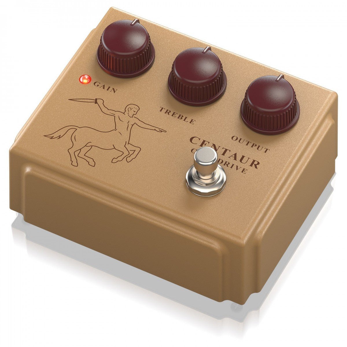 Phơ Overdrive Behringer Centaur Overdrive – góc nghiêng trái, vỏ màu vàng đồng và núm đỏ rượu