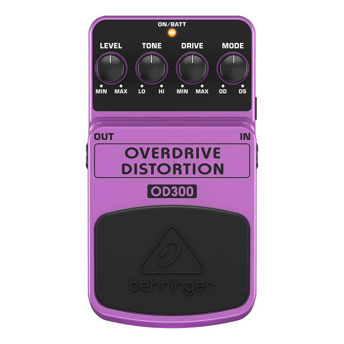mặt trên Behringer OD300 với 4 núm LEVEL, TONE, DRIVE, MODE và đèn ON/BATT