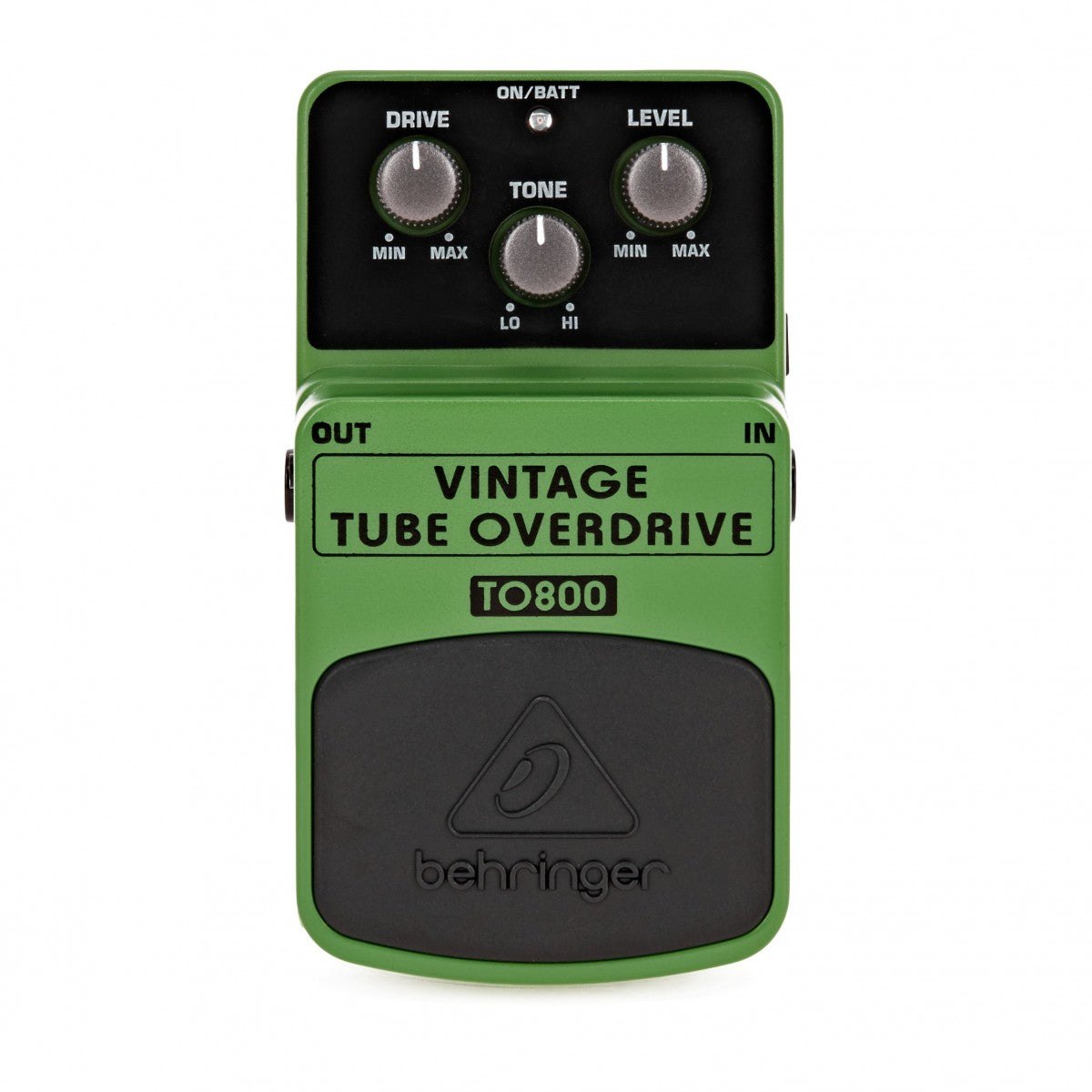 Phơ Overdrive Behringer TO800 Vintage Tube Overdrive – mặt trên với 3 núm DRIVE, TONE, LEVEL và đèn ON/BATT