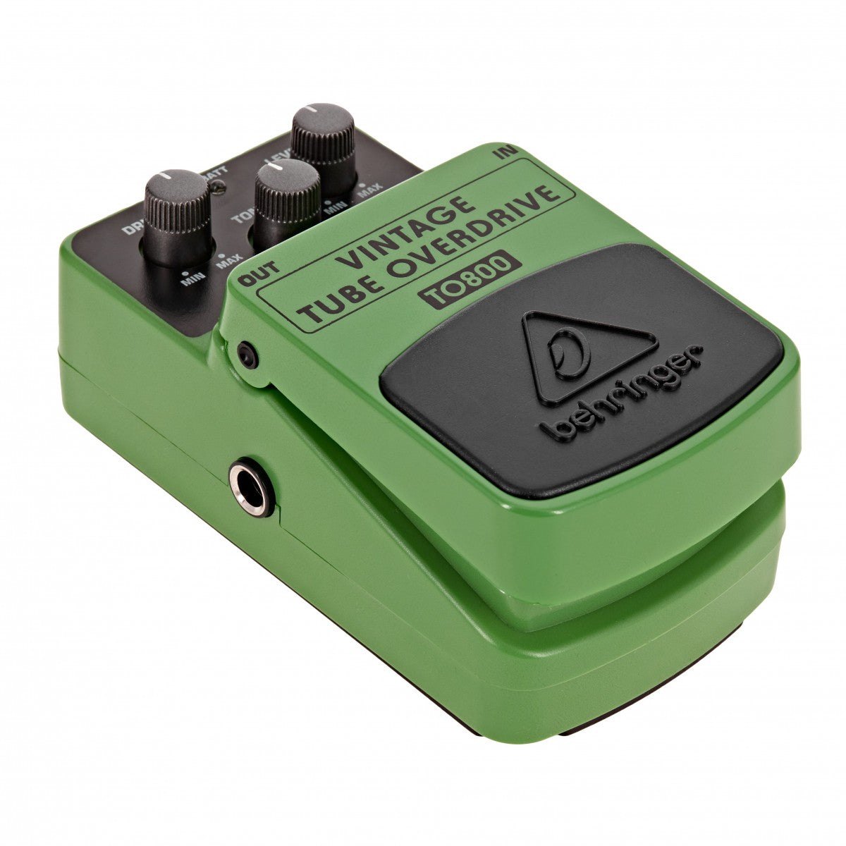 Phơ Overdrive Behringer TO800 Vintage Tube Overdrive – góc nghiêng trái, vỏ xanh lá và cổng OUT bên hông