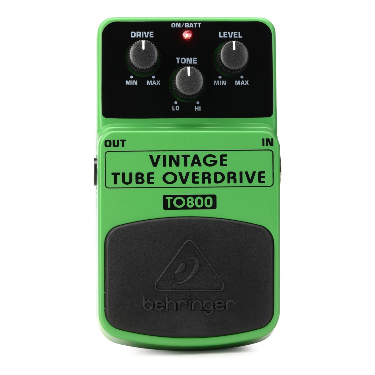Behringer TO800 Vintage Tube Overdrive nhìn chính diện mặt trên: ba núm DRIVE, TONE, LEVEL và đèn ON/BATT