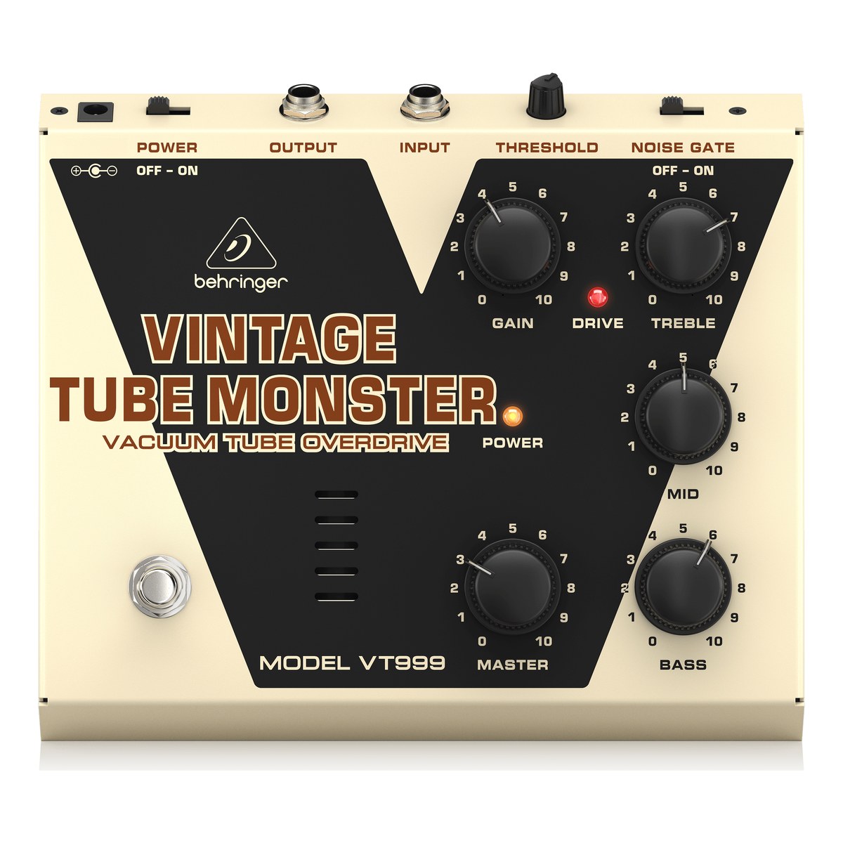 Phơ Overdrive Behringer VT999 Vintage Tube Monster – mặt trên VT999 Vintage Tube Monster với núm Gain, Treble, Mid, Bass, Master