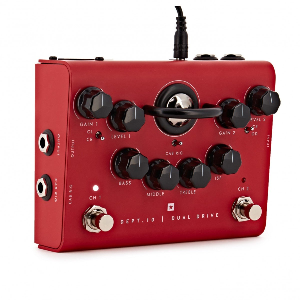Phơ Overdrive Blackstar Dept. 10 Dual Drive – cạnh trái cận cảnh 2 cổng jack OUTPUT và CAB RIG