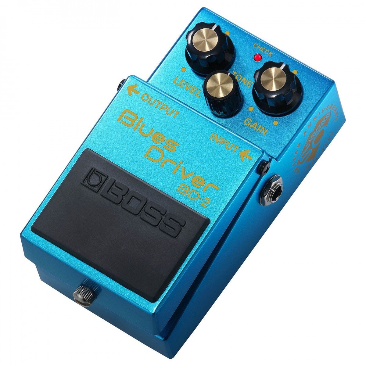 Phơ Overdrive BOSS BD-2-B50A Blues Driver 50th Anniversary – góc nghiêng 3/4, vỏ xanh ánh kim bản kỷ niệm 50 năm