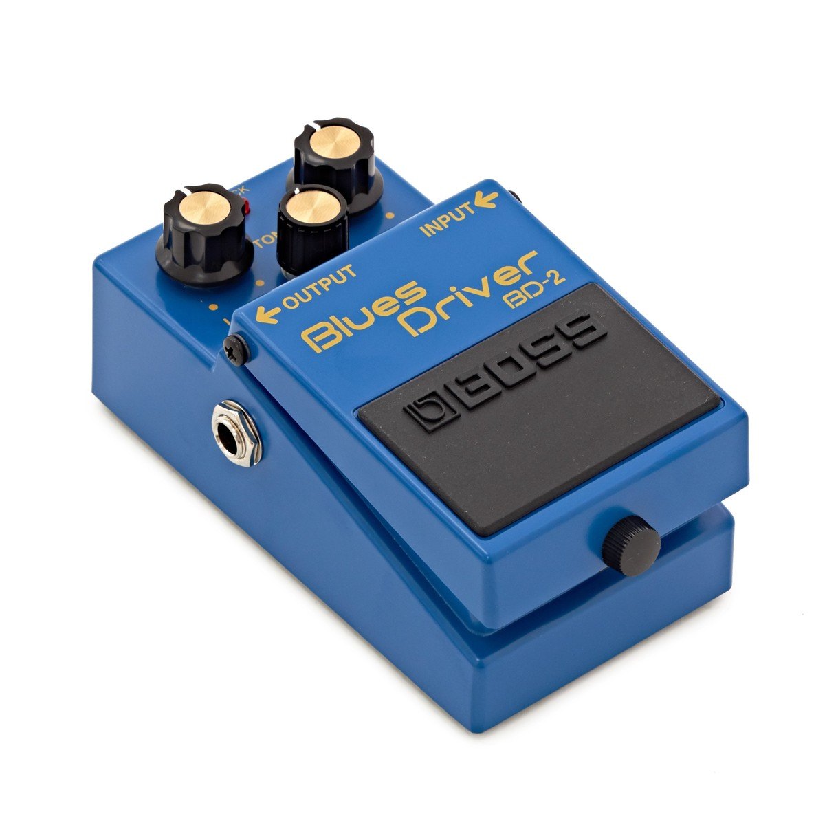 Phơ Overdrive BOSS BD-2 Blues Driver – góc nghiêng 3/4 bên trái, thấy cổng OUTPUT và 3 núm vặn