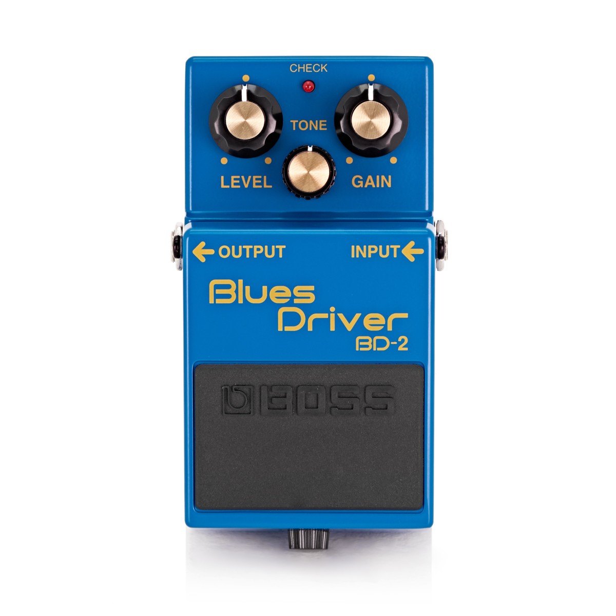 Phơ Overdrive BOSS BD-2 Blues Driver – mặt trên với 3 núm LEVEL, TONE, GAIN và đèn CHECK