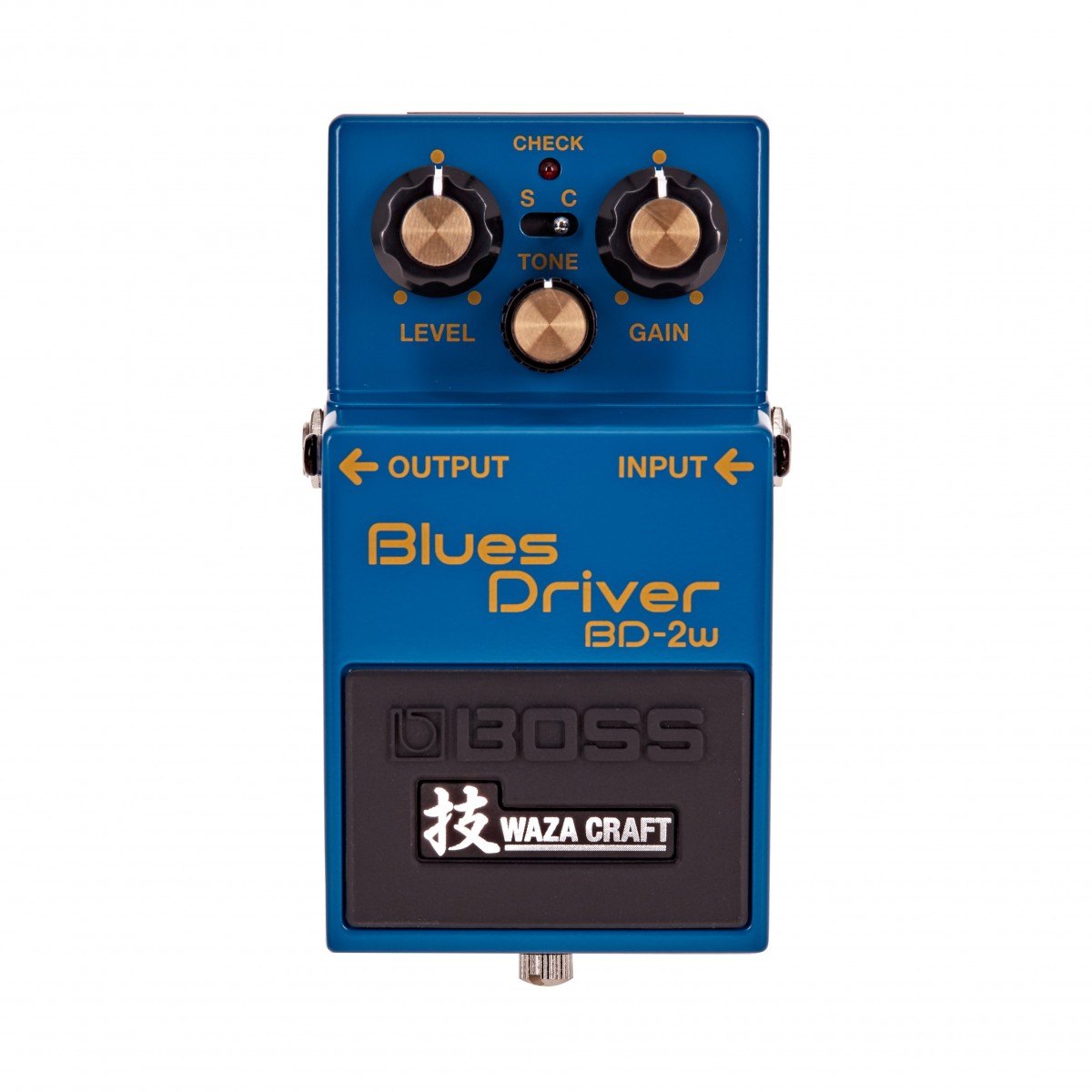 Phơ Overdrive BOSS BD-2W Blues Driver Waza Craft – mặt trên với núm LEVEL, TONE, GAIN và công tắc chế độ S/C