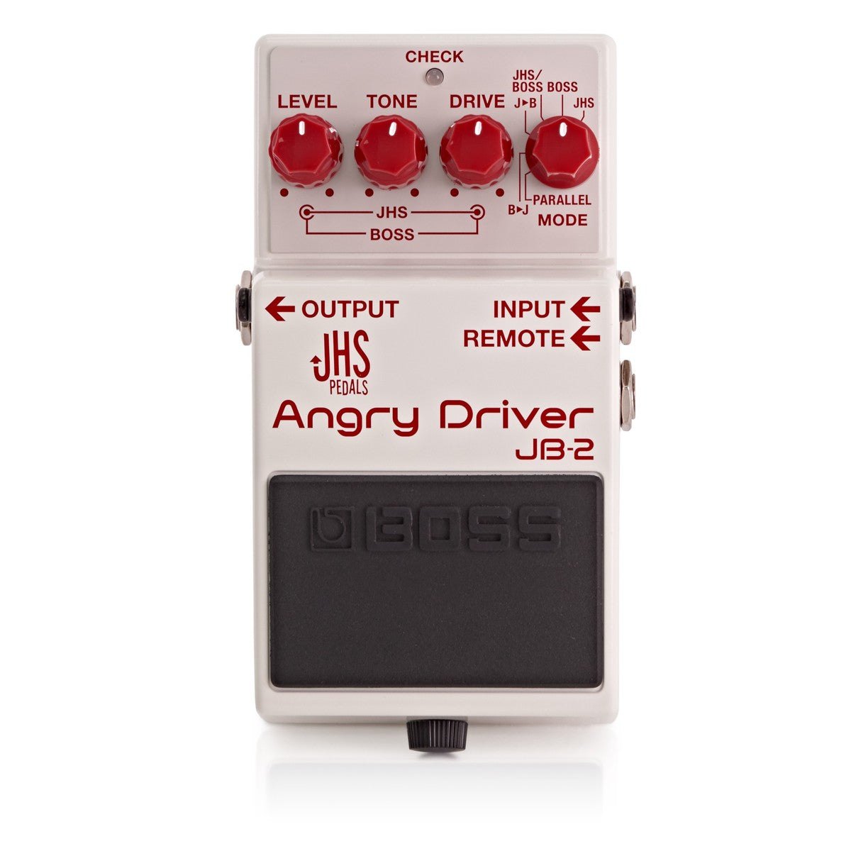 Phơ Overdrive BOSS JB-2 Angry Driver – mặt trên với núm LEVEL, TONE, DRIVE kép và núm MODE