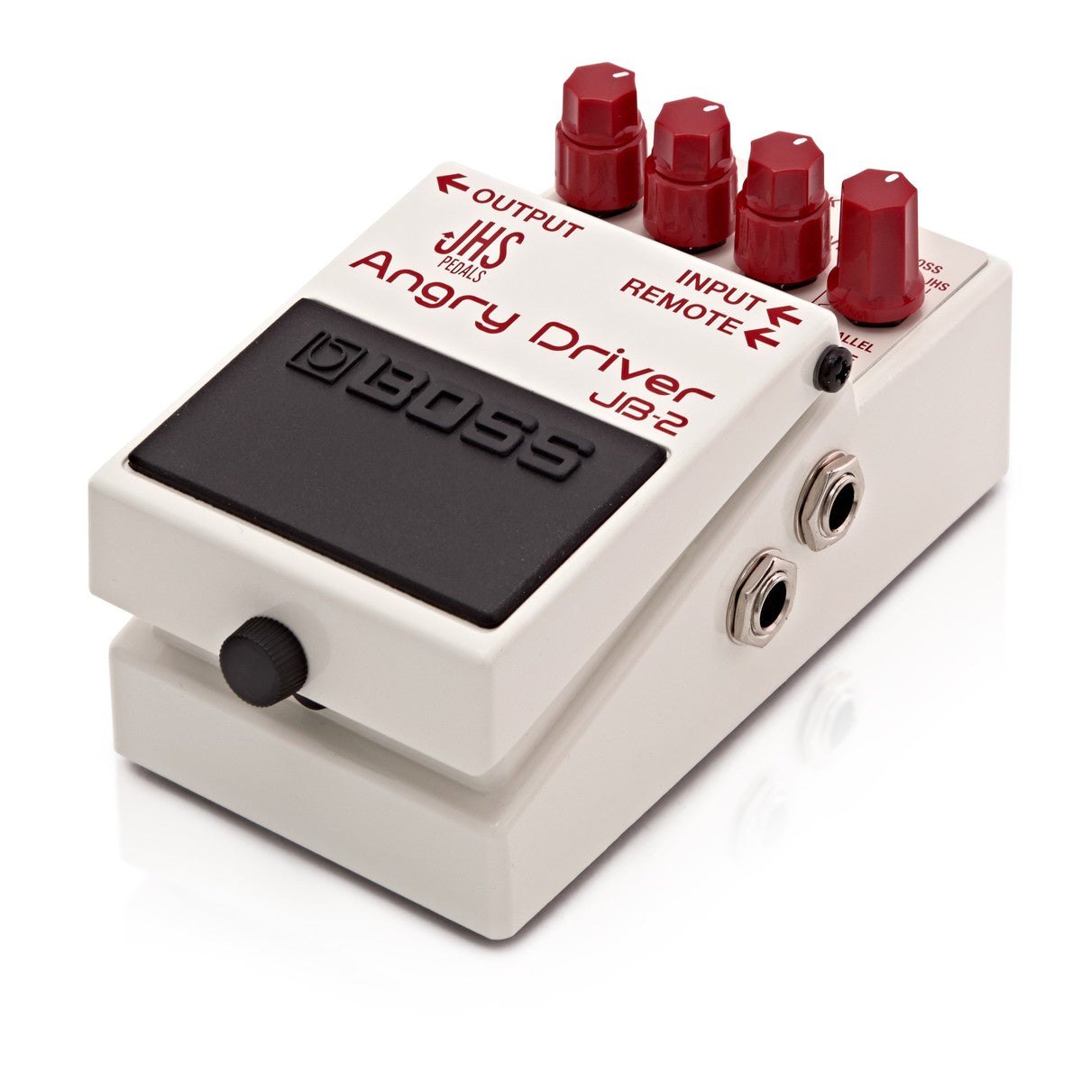 Phơ Overdrive BOSS JB-2 Angry Driver – góc nghiêng phải, thấy cổng INPUT và REMOTE