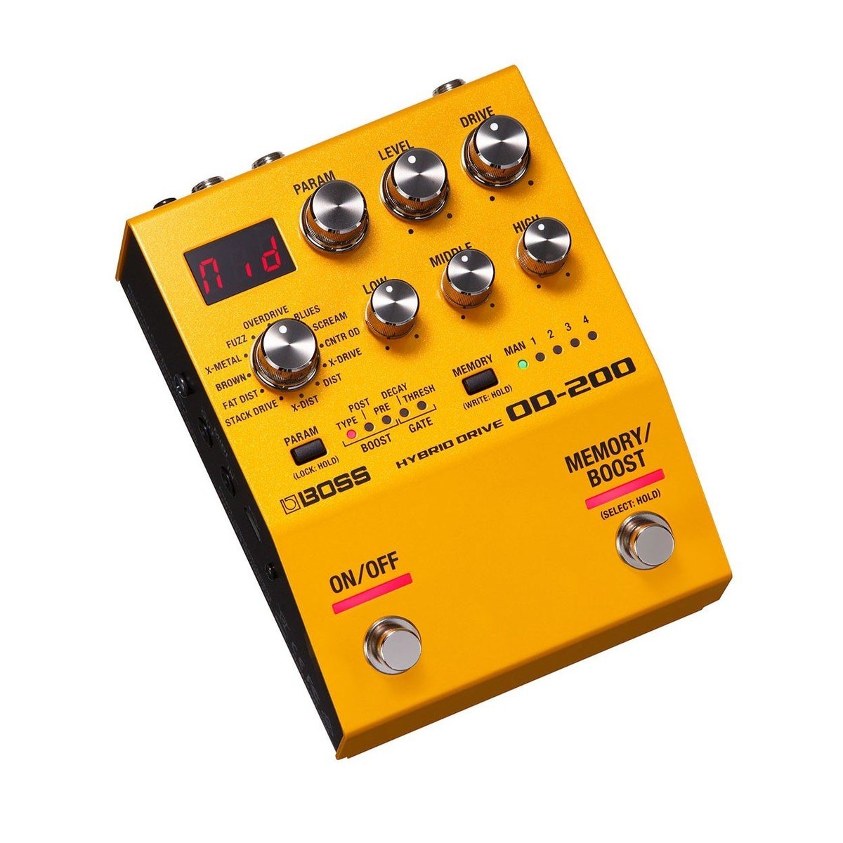 Phơ Overdrive BOSS OD-200 Hybrid Drive – nhìn nghiêng 3/4 với núm chọn kiểu drive và màn hình LED đỏ