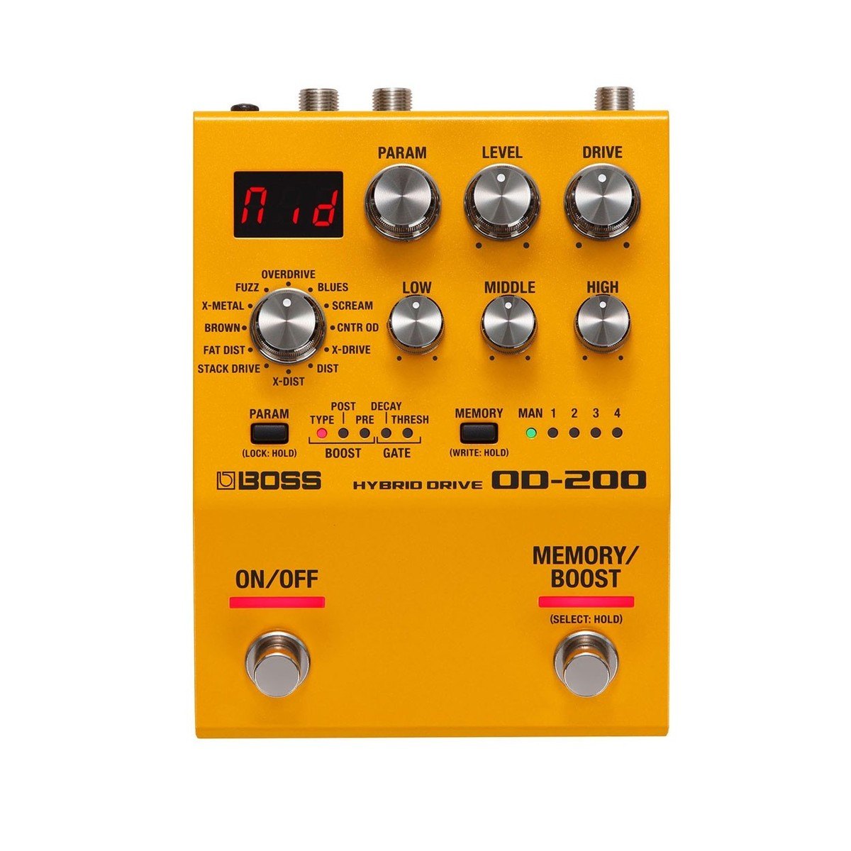 Phơ Overdrive BOSS OD-200 Hybrid Drive – mặt trên với núm PARAM, LEVEL, DRIVE, LOW, MIDDLE, HIGH
