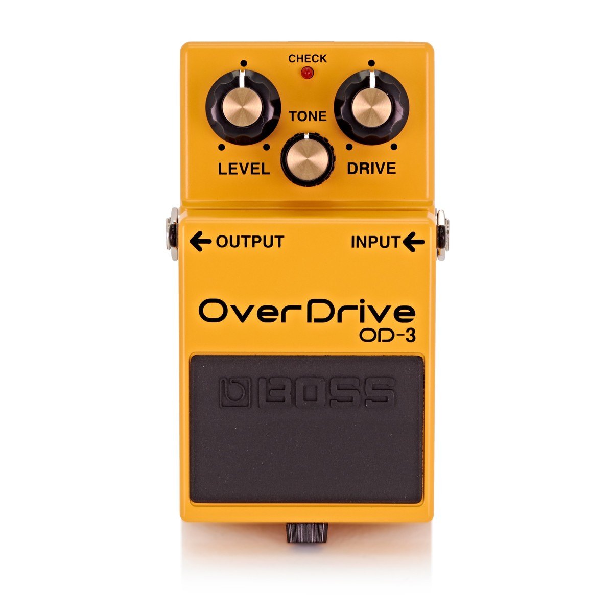 Phơ Overdrive BOSS OD-3 OverDrive – mặt trên với 3 núm LEVEL, TONE, DRIVE và đèn CHECK