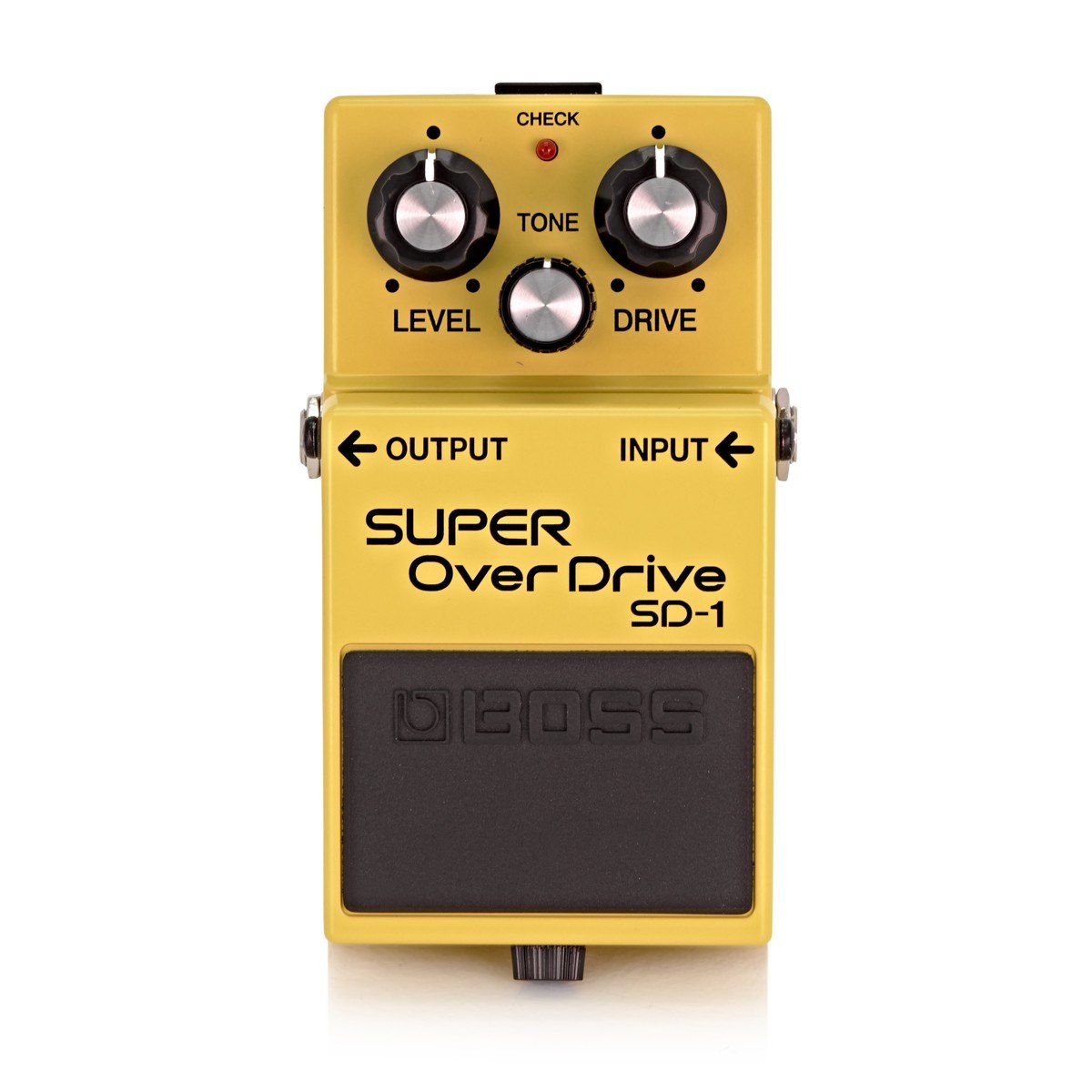 Phơ Overdrive BOSS SD-1 Super OverDrive – mặt trên nhìn thẳng với 3 núm LEVEL, TONE, DRIVE và đèn CHECK