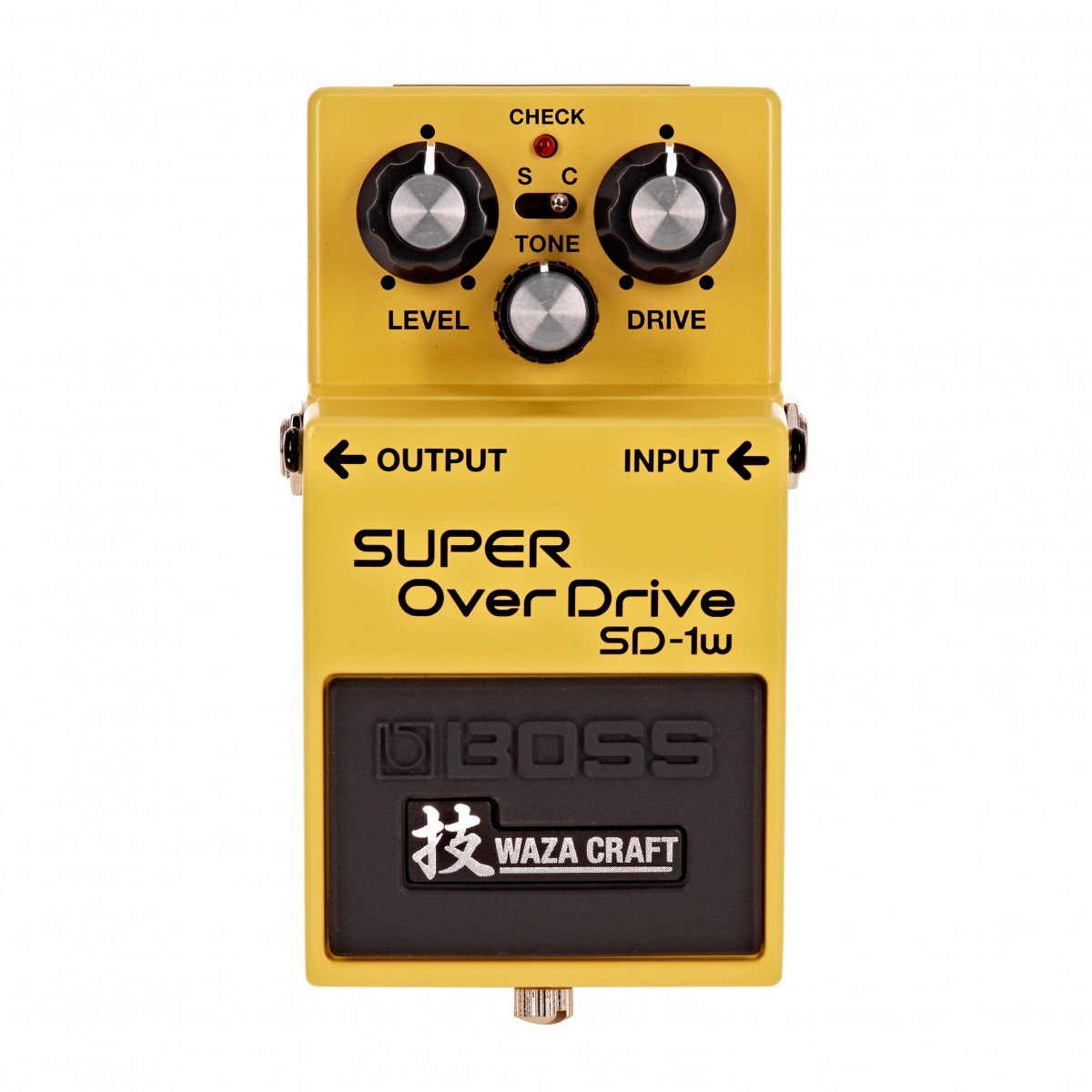 Phơ Overdrive BOSS SD-1W Super OverDrive Waza Craft – mặt trên với núm LEVEL, TONE, DRIVE và công tắc chế độ S/C