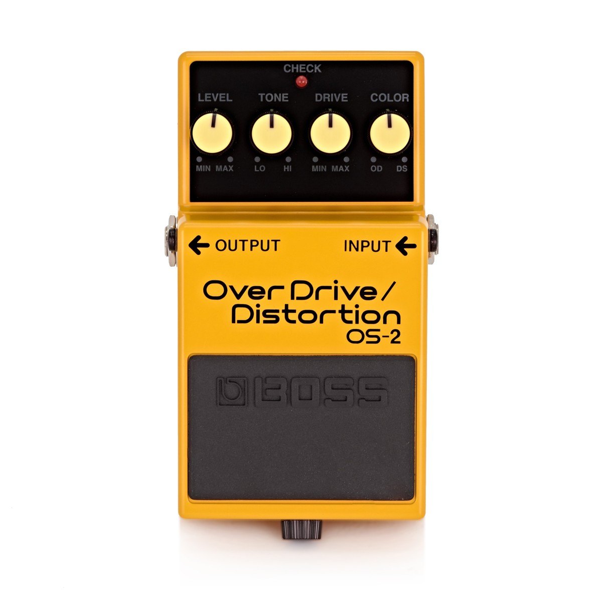 Phơ Overdrive Distortion BOSS OS-2 – mặt trên với 4 núm LEVEL, TONE, DRIVE, COLOR