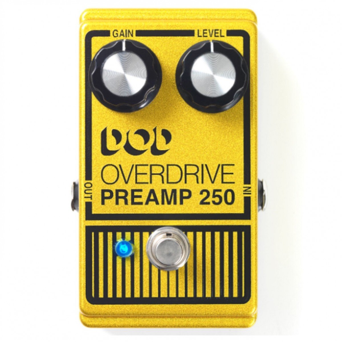 Phơ Overdrive DOD Overdrive Preamp 250 – mặt trên với 2 núm GAIN, LEVEL, đèn LED xanh và footswitch