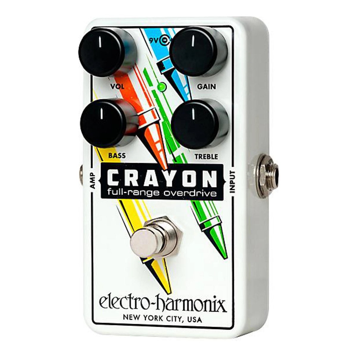 Phơ Overdrive Electro-Harmonix Crayon 76 – mặt trên Crayon 76 nền trắng với núm VOL, GAIN, BASS, TREBLE và họa tiết bút sáp chéo