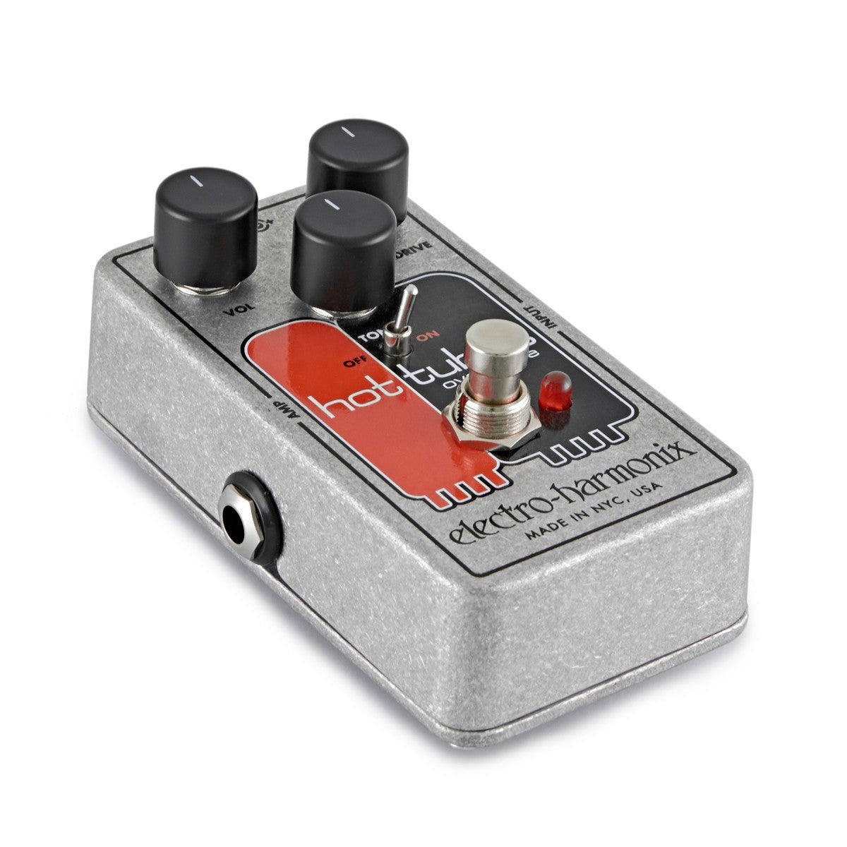 Phơ Overdrive Electro-Harmonix Hot Tubes – góc nghiêng trái thấy cổng jack AMP và đèn LED đỏ