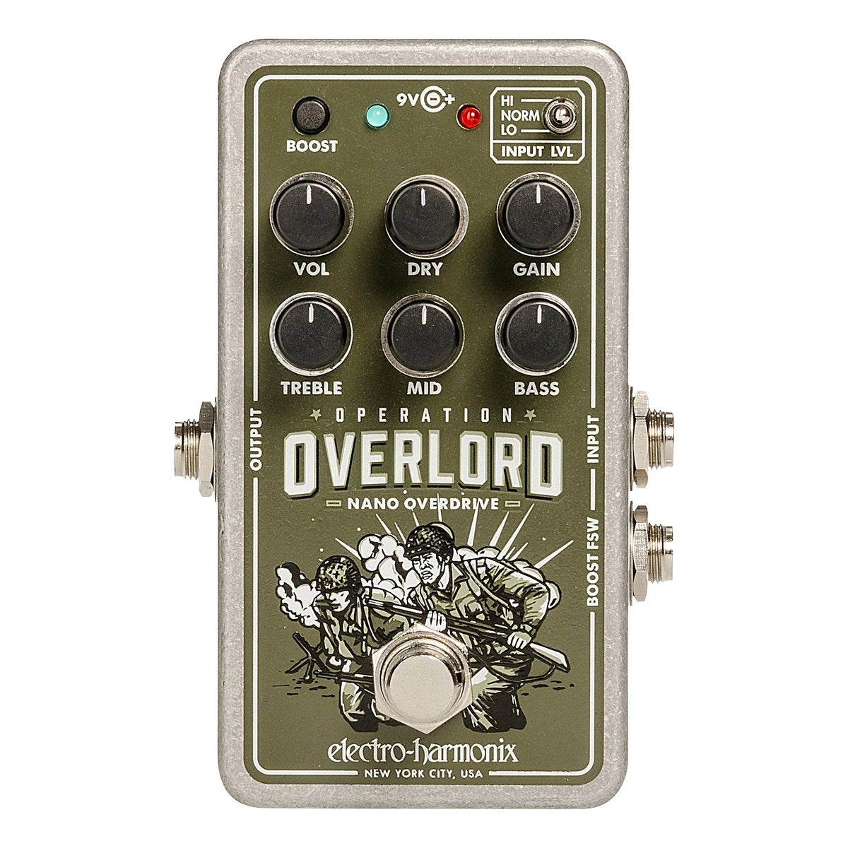 Chính diện Electro-Harmonix Nano Operation Overlord: nút BOOST, công tắc INPUT LVL, 6 núm VOL, DRY, GAIN, TREBLE, MID, BASS