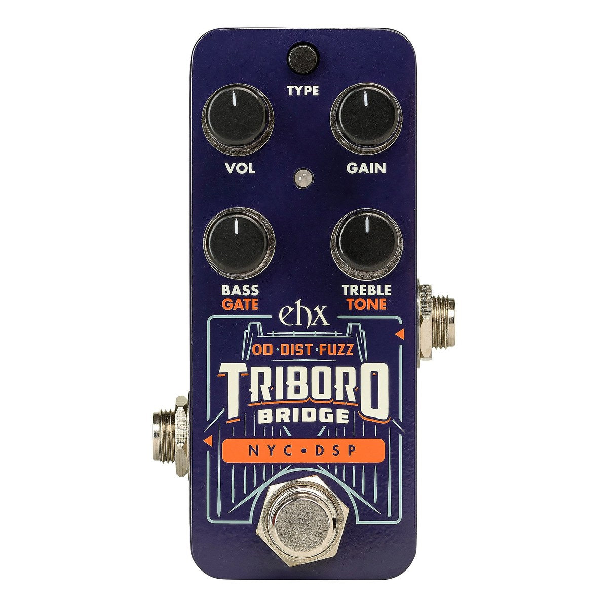 Chính diện Electro-Harmonix Pico Triboro Bridge vỏ xanh tím, nút TYPE, 4 núm VOL, GAIN, BASS/GATE, TREBLE/TONE