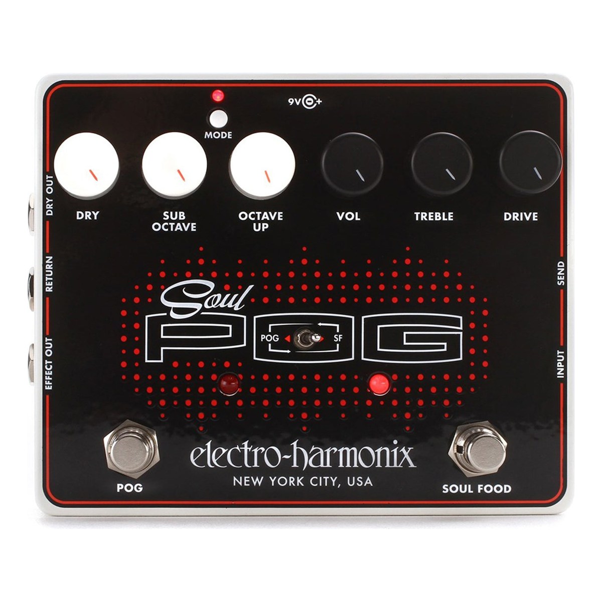 Phơ Overdrive Electro-Harmonix Soul POG Octave Multi-Effect – Mặt trên Electro-Harmonix Soul POG với núm DRY, SUB OCTAVE, OCTAVE UP, VOL, TREBLE, DRIVE, nút MODE, công tắc thứ tự hiệu ứng và hai footswitch POG, SOUL FOOD