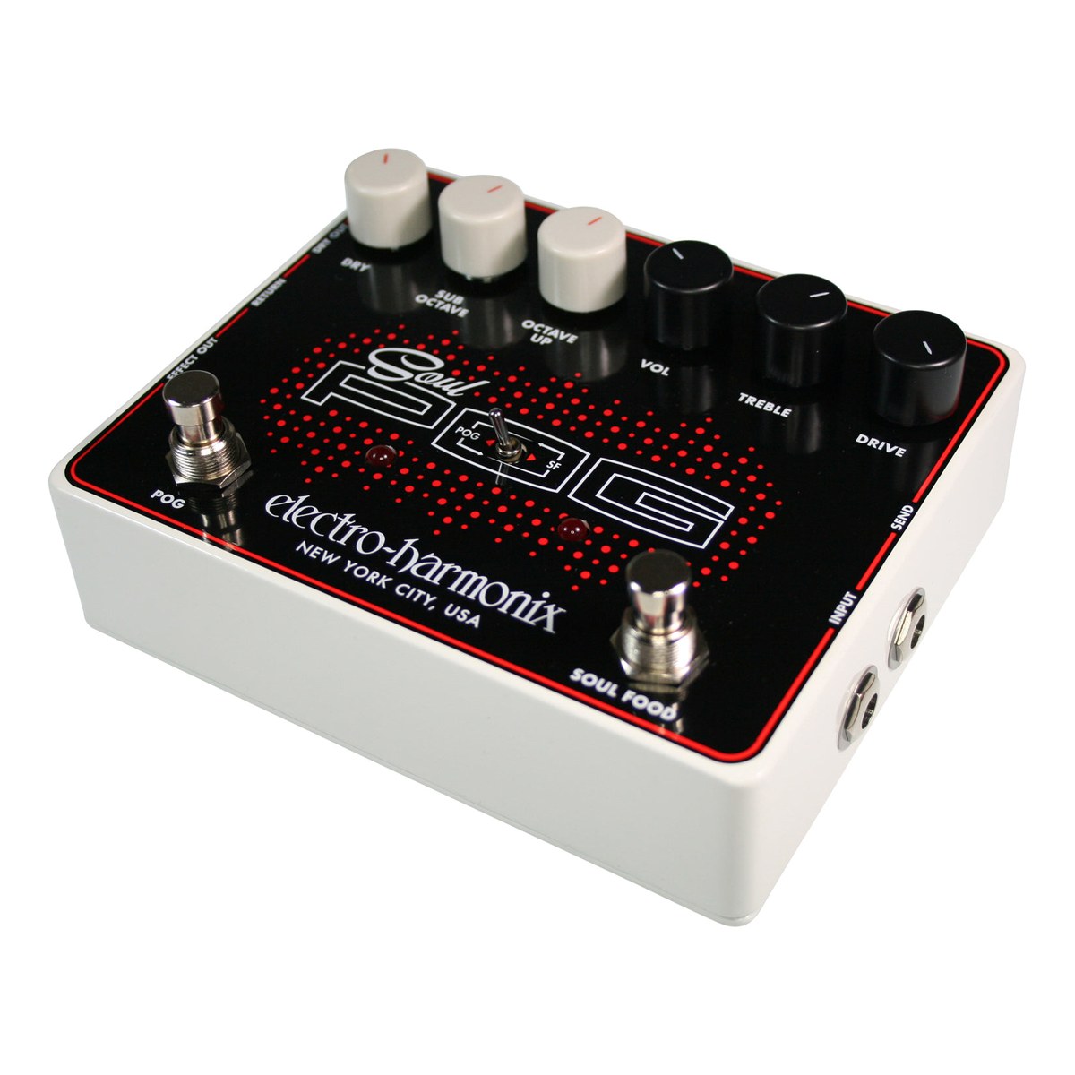 Phơ Overdrive Electro-Harmonix Soul POG Octave Multi-Effect – Góc nghiêng Soul POG nhìn từ bên trái thấy các jack ra
