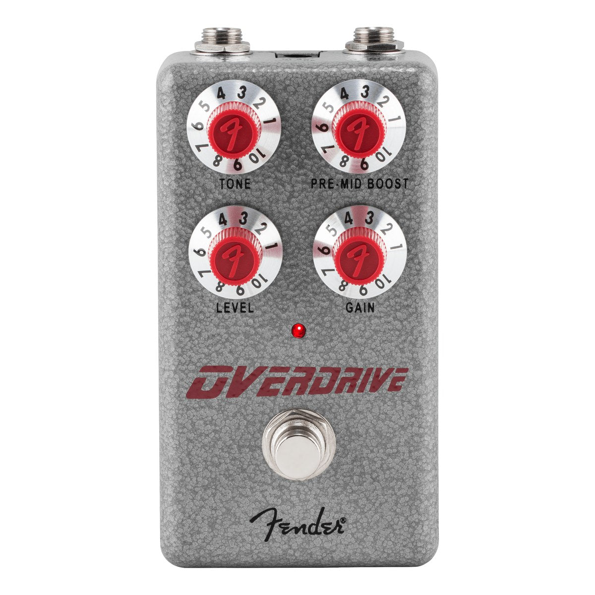 Fender Hammertone Overdrive chính diện: vỏ sơn vân búa xám, 4 núm đỏ Tone, Pre-Mid Boost, Level, Gain