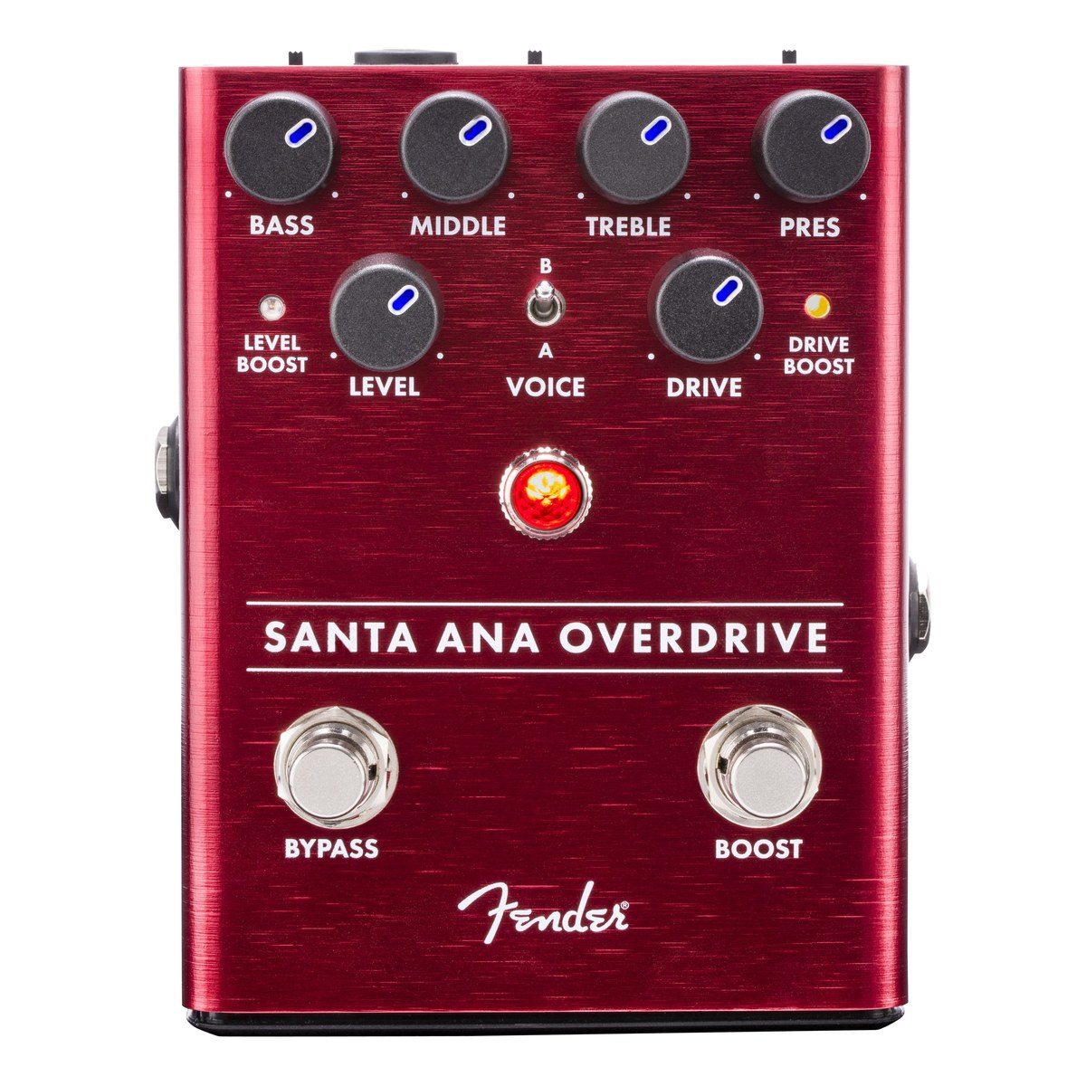 Phơ Overdrive Fender Santa Ana Overdrive – mặt trên Santa Ana Overdrive với 6 núm, công tắc Voice và 2 footswitch Bypass, Boost