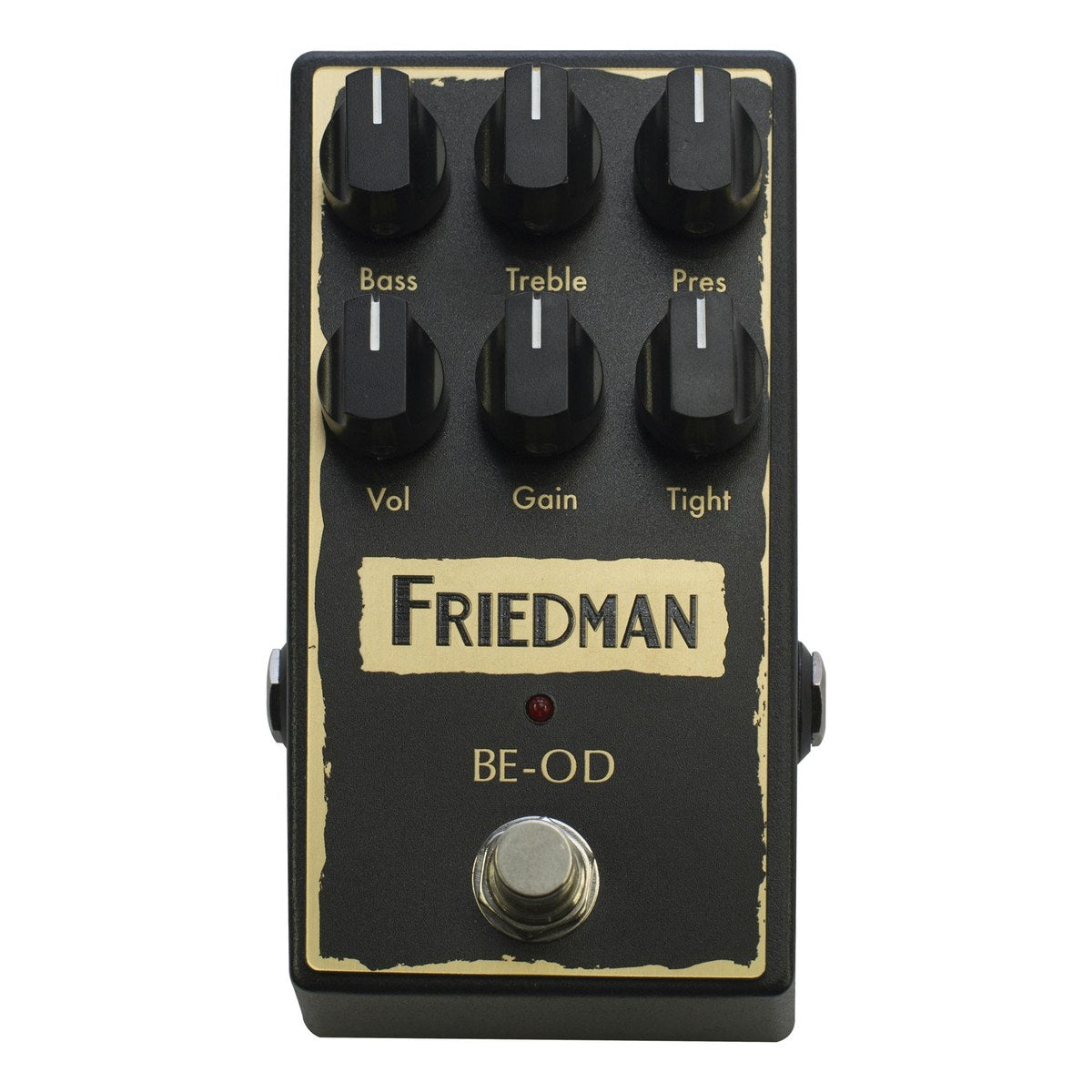 Friedman BE-OD nhìn chính diện: núm Bass, Treble, Pres, Vol, Gain, Tight và footswitch