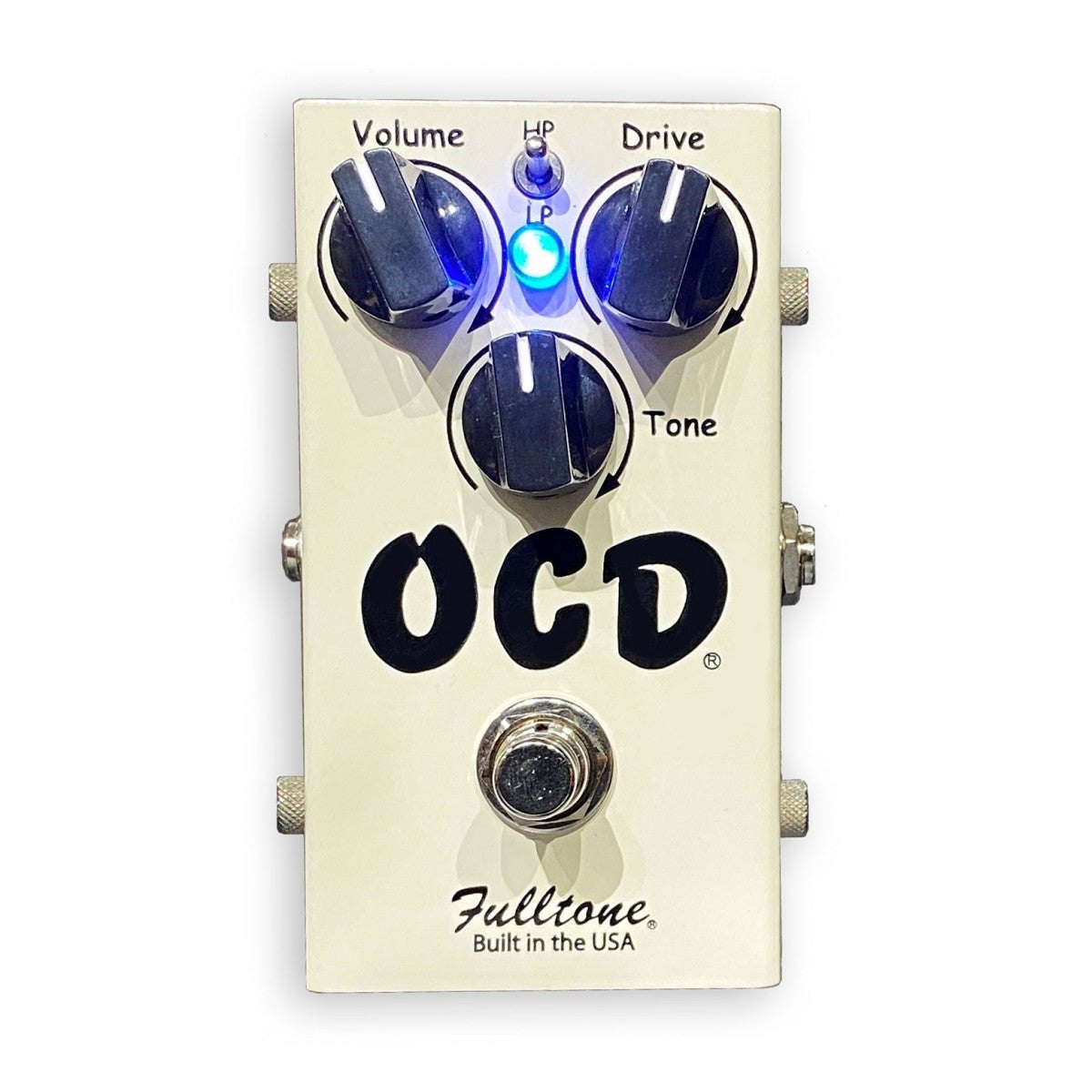Phơ Overdrive Fulltone OCD V2 – mặt trên với núm Volume, Drive, Tone, công tắc HP/LP và LED xanh