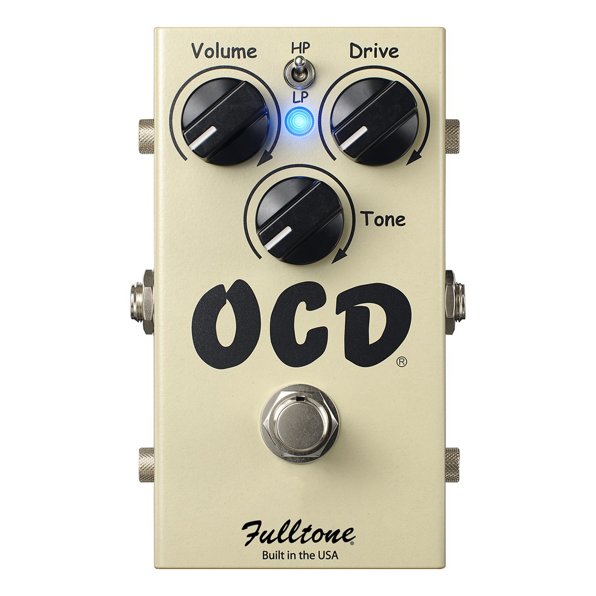 Fulltone OCD V2 nhìn chính diện: núm Volume, Drive, Tone, công tắc HP/LP và đèn LED xanh (ảnh hãng Fulltone USA)