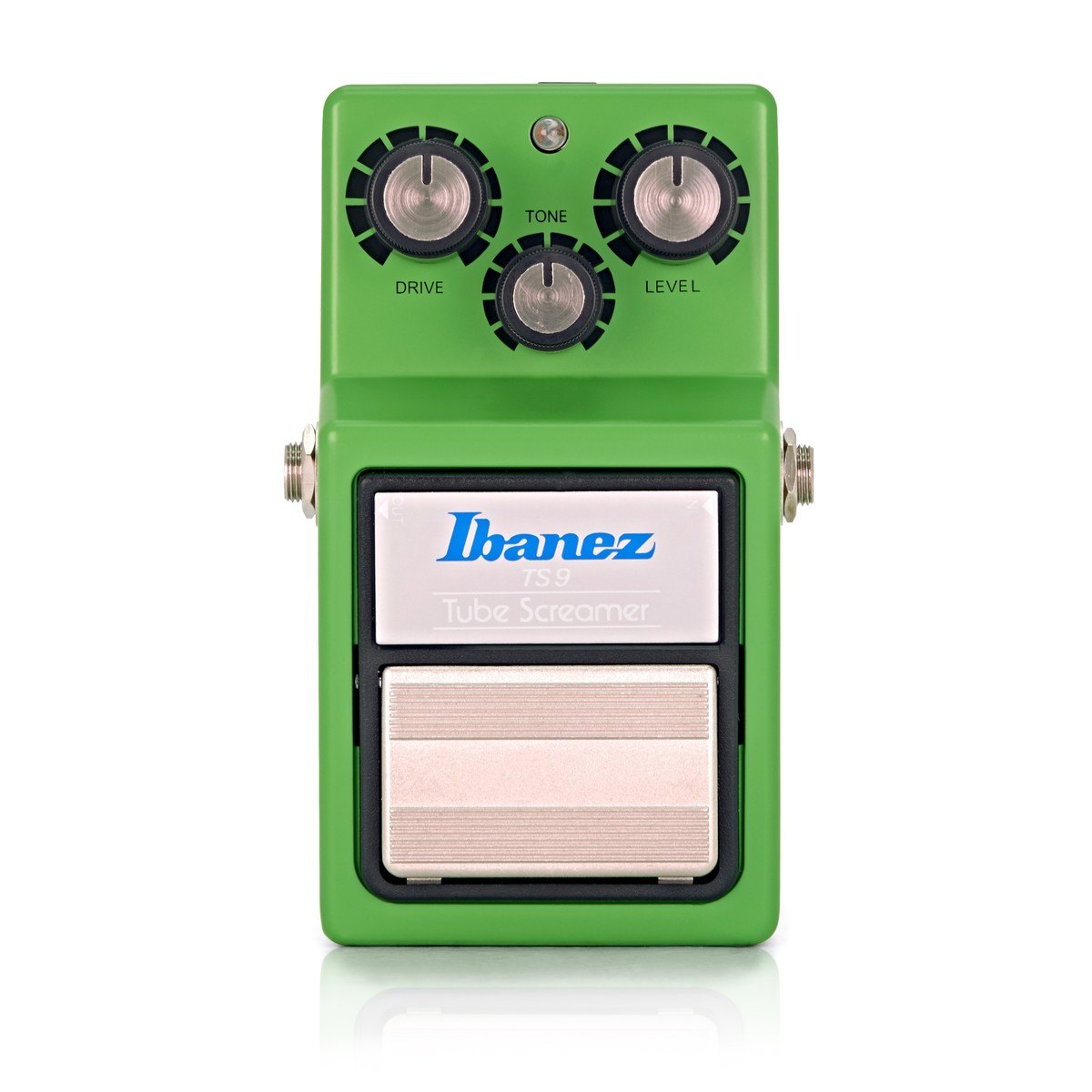 Phơ Overdrive Ibanez TS9 Tube Screamer – mặt trước với 3 núm DRIVE, TONE, LEVEL và nắp công tắc