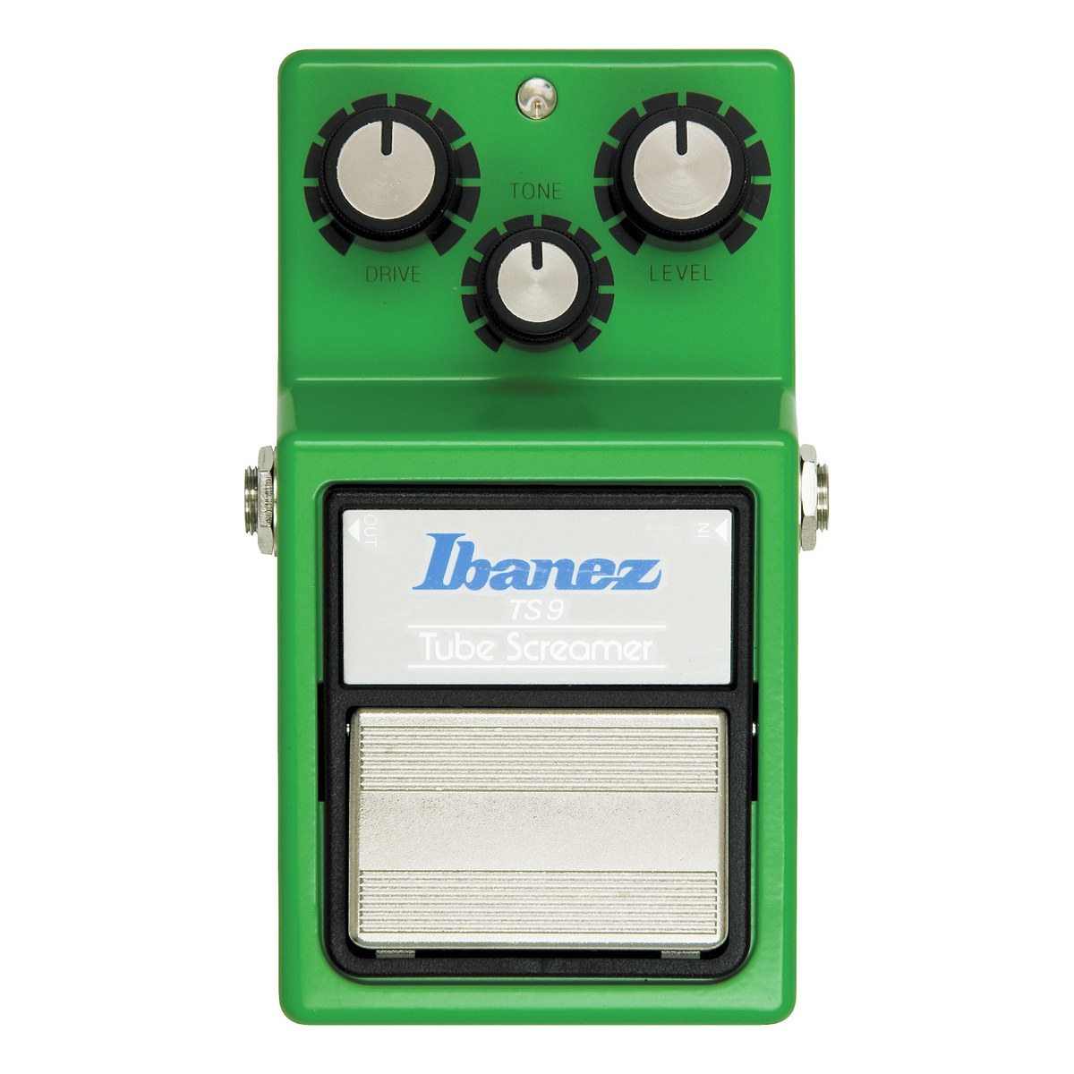 Ibanez TS9 Tube Screamer nhìn chính diện mặt trên: 3 núm DRIVE, TONE, LEVEL và footswitch