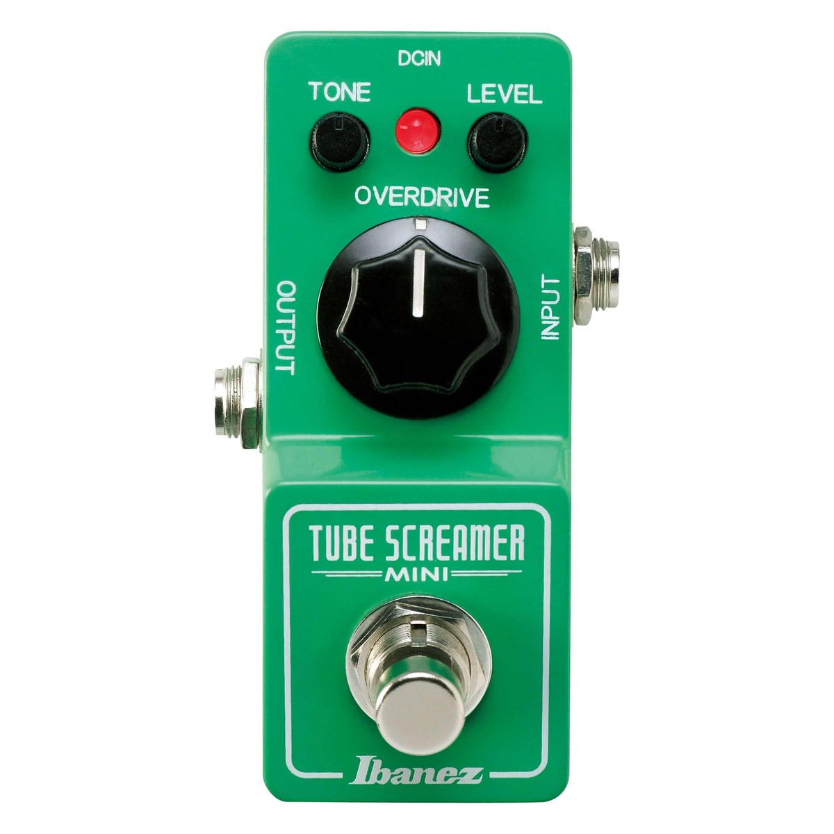 chính diện mặt trên Ibanez Tube Screamer Mini TSMINI xanh lá, núm OVERDRIVE lớn, TONE, LEVEL và footswitch