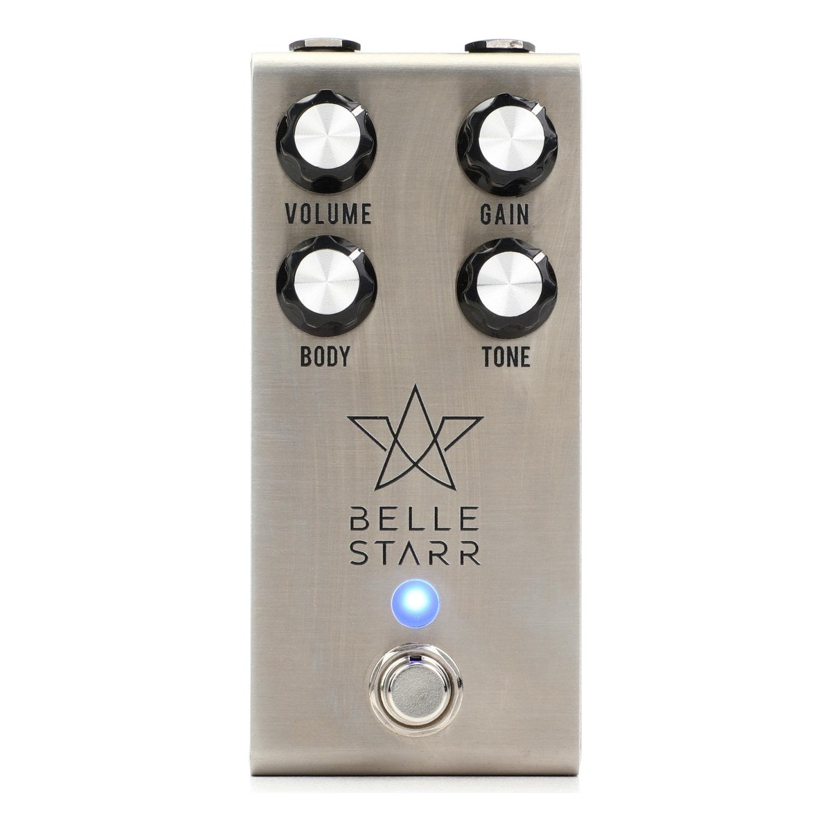 Mặt trên Jackson Audio Belle Starr với bốn núm VOLUME, GAIN, BODY, TONE, đèn báo sáng