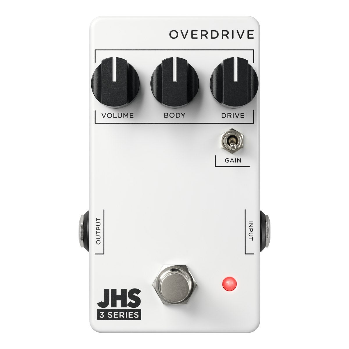 JHS 3 Series Overdrive nhìn chính diện: núm VOLUME, BODY, DRIVE và công tắc GAIN
