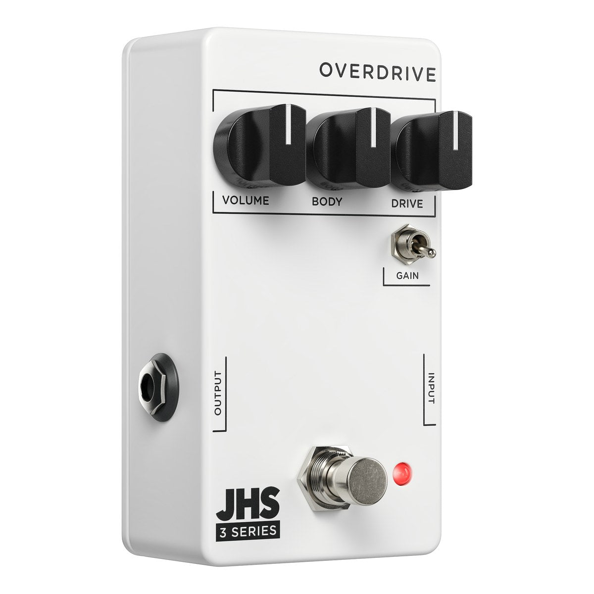 JHS 3 Series Overdrive nhìn nghiêng, thấy jack OUTPUT ở cạnh trái
