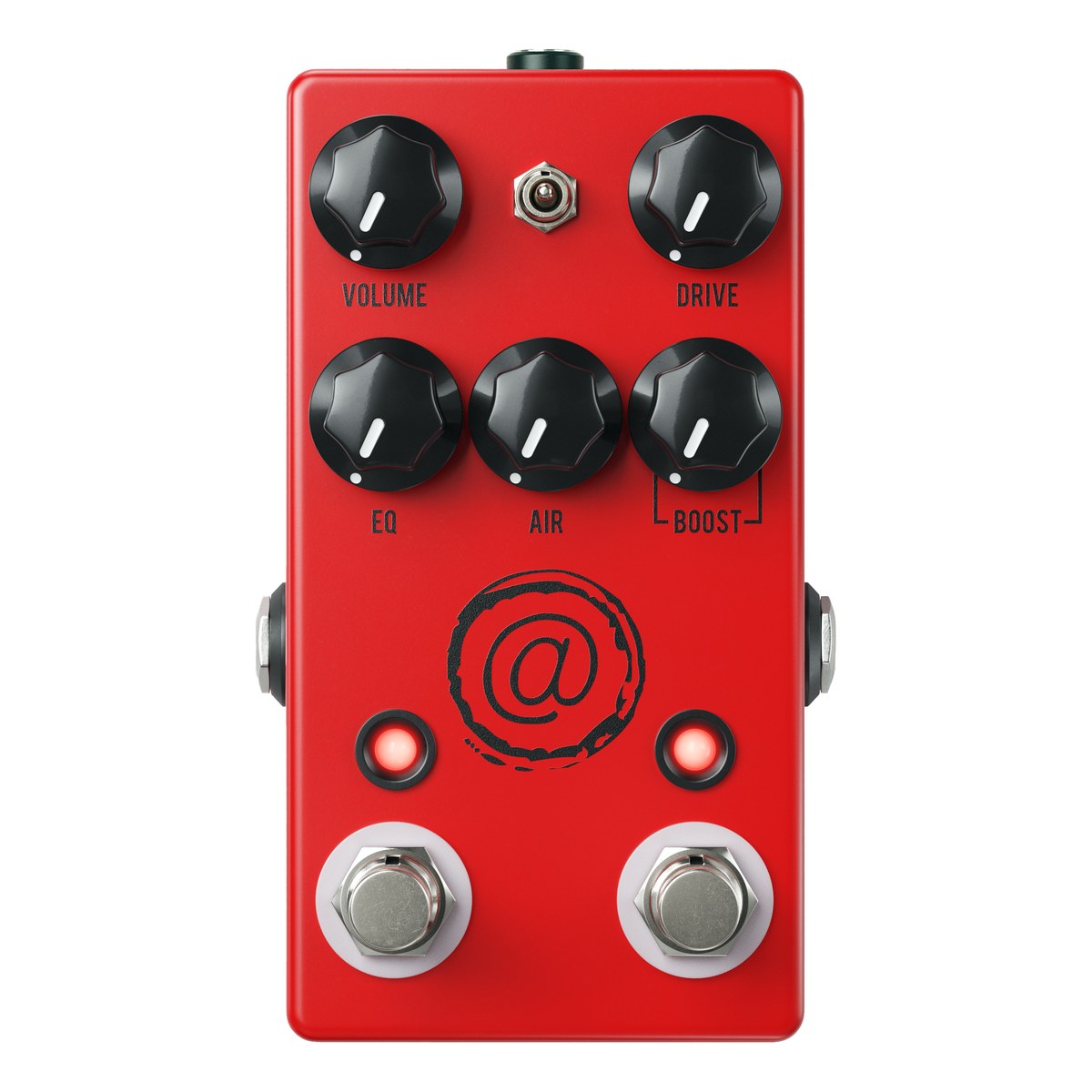 mặt trên JHS AT+ Andy Timmons màu đỏ với 5 núm VOLUME, DRIVE, EQ, AIR, BOOST, công tắc công suất và 2 footswitch