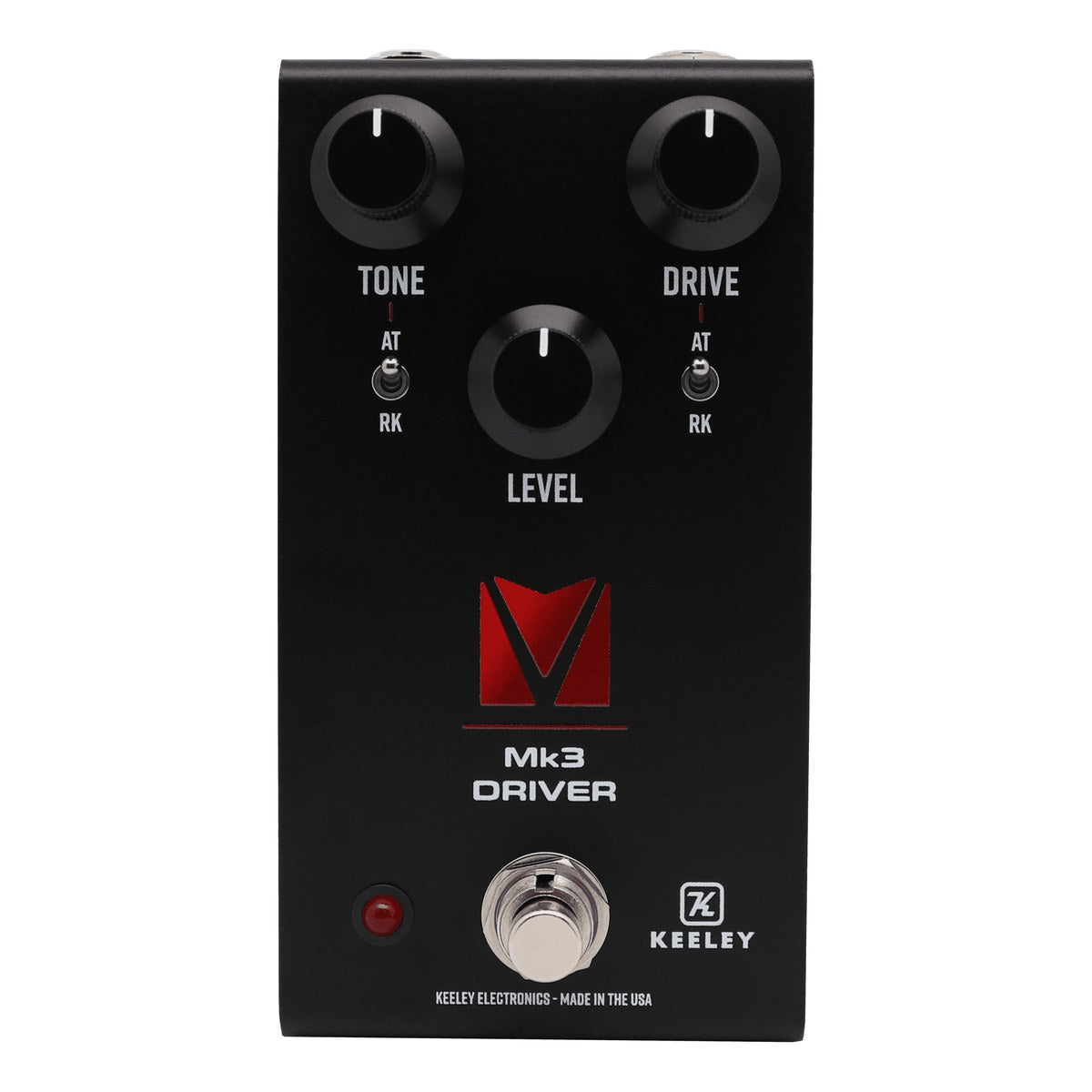 Keeley Mk3 Driver Andy Timmons chính diện: núm TONE, DRIVE, LEVEL và 2 công tắc AT/RK