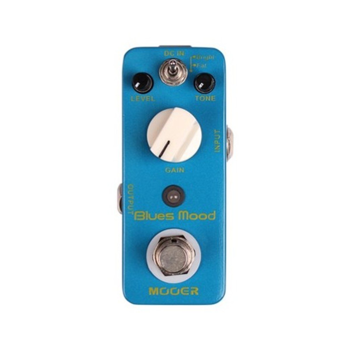 Phơ Overdrive Mooer Blues Mood – mặt trên với núm LEVEL, TONE, GAIN và công tắc Bright/Fat
