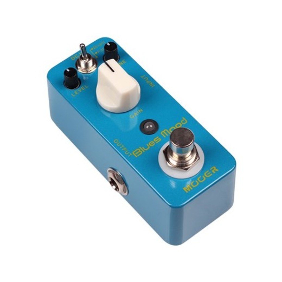 Phơ Overdrive Mooer Blues Mood – góc nghiêng 3/4 từ phía trước, núm GAIN màu kem
